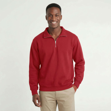 Ruby red zip neck 100% cotton sweatshirt by Just Sweatshirts, showcasing vibrant color and quality fabric.