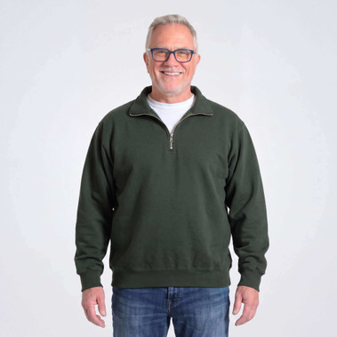 Just Sweatshirts Park Green Zip Neck 100% Cotton Sweatshirt on an adult male model.