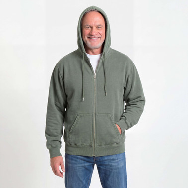 Just Sweatshirts Olive green hooded full front zipper jacket, 100% cotton, on a smiling adult male model.