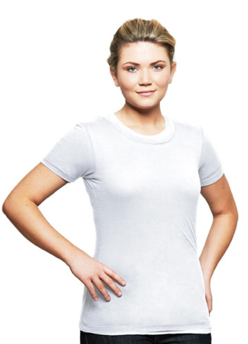 Just Sweatshirts T-Shirt Ladies Short Sleeve 100% Cotton White, woman wearing a white short sleeve cotton t-shirt.