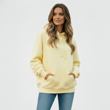 Just Sweatshirts Ultra Soft Ladies Daffodil Plush Cotton Hoodie, pale yellow, 100% cotton, women's mid-weight hoodie.