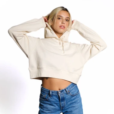Just Sweatshirts Ladies Organic French Terry Hoody in Natural color, cropped fit, 100% cotton, organic French terry fabric.