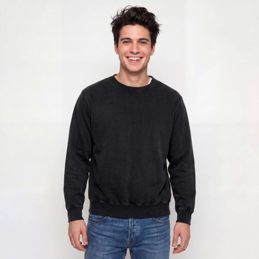 Just Sweatshirts Crewneck Black 100% Cotton sweatshirt on a man, showcasing the comfortable fit and style.