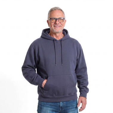 Just Sweatshirts Hooded Pullover Navy Sand 100% Cotton, navy blue, hooded sweatshirt on a smiling older man.