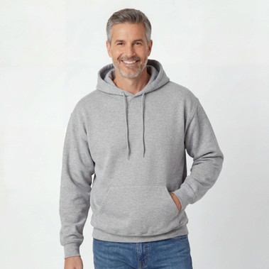 Just Sweatshirts Hooded Pullover Gray Mix 95% Cotton, gray hooded sweatshirt on a smiling adult male model.
