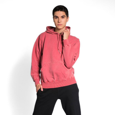 Just Sweatshirts Red Sand hooded pullover hoodie, 100% cotton, vibrant pink color on a male model standing.