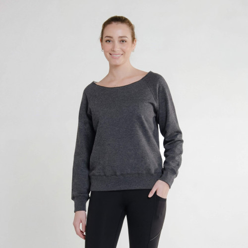 Just Sweatshirts Ladies French Terry Charcoal Mix 100% Cotton scoop neck pullover in dark grey color.