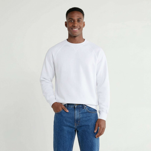 Just Sweatshirts Fine French Terry Crewneck, elegant all cotton, white, 100% cotton sweatshirt on a male model.