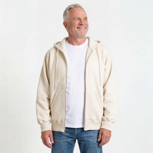 Just Sweatshirts Hooded Full Front Zipper Natural 100% Cotton sweatshirt, beige color, on a smiling older man.