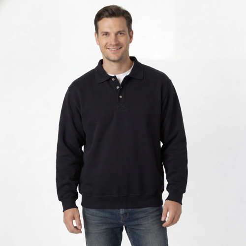 Just Sweatshirts black 3 Button Polo, 100% cotton, on a male model in casual wear.