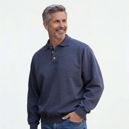 Just Sweatshirts 3 Button Polo Navy Sand 100% Cotton men's polo shirt in dark blue color.