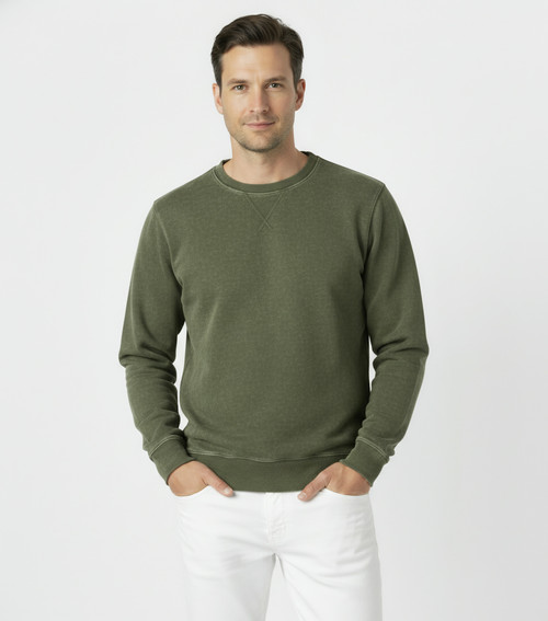 Just Sweatshirts Privé Crewneck in olive sand color, 100% cotton, side rib detail, crewneck style, casual wear.