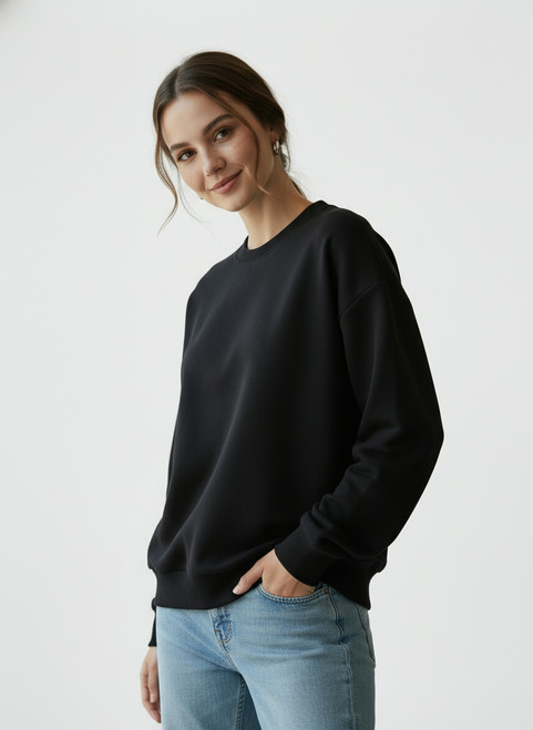 Just Sweatshirts Ultra Soft Ladies Crewneck in Black, 100% Cotton, Premium Women's Loungewear, comfortable and stylish black sweatshirt.