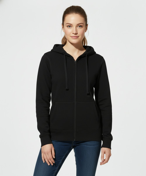 Just Sweatshirts Ultra Soft Ladies Zippered Hoodie in Black, a full zip hooded sweatshirt made from 100% cotton.