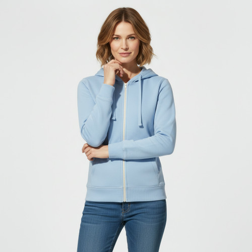 Ladies Zipper Hoodie 100% Cotton Ultra Soft Powder Blue