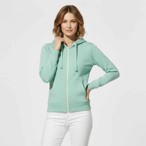 Just Sweatshirts Ultra Soft Ladies Zipper Hoodie in Frosted Mint, a plush 100% cotton hoodie, mint green color.