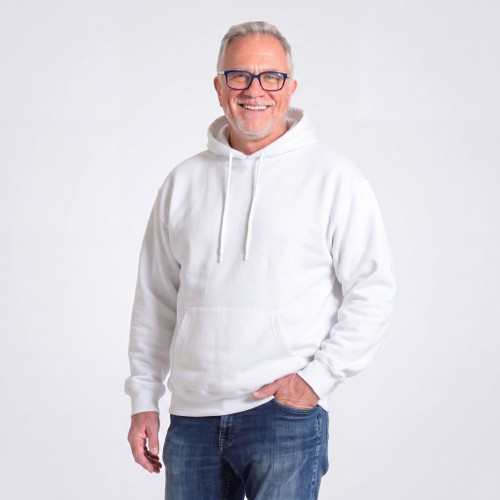 Just Sweatshirts White luxury hoodie on a man, 100% cotton, showcasing athletic cut and hood design.