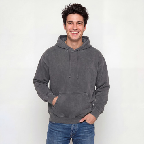 Just Sweatshirts Hooded Pullover Charcoal 100% Cotton, grey hooded sweatshirt on a man, showcasing athletic style.
