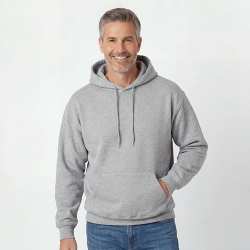 Just Sweatshirts Hooded Pullover Gray Mix 95% Cotton, gray hooded sweatshirt on a smiling adult male model.