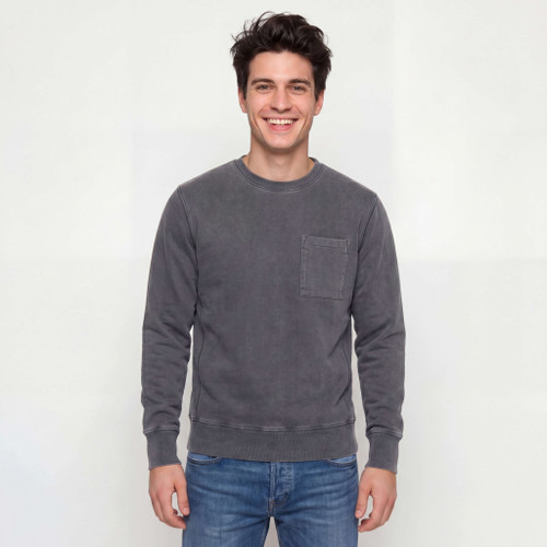 Just Sweatshirts Charcoal 12oz Heavyweight T-Shirt, Super Heavy Long Sleeve 100% Cotton, men's gray crew neck top.