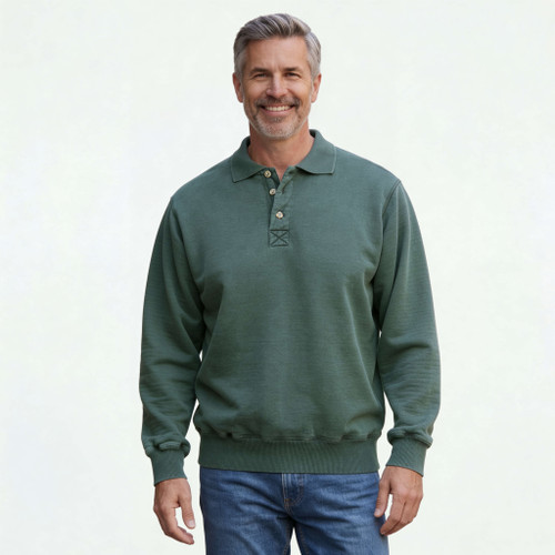 Just Sweatshirts Forest green 3 button polo shirt on a man, 100% cotton, long sleeve, casual wear.