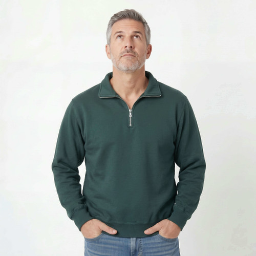 Just Sweatshirts Green Half Zipper Sweatshirt 100% Cotton, dark green men's zip neck sweatshirt, casual wear.