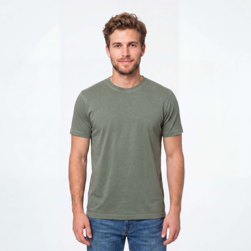Just Sweatshirts Luxury Cotton T-Shirt, olive green, short sleeve, 100% cotton, men's wear, casual style, sand color.