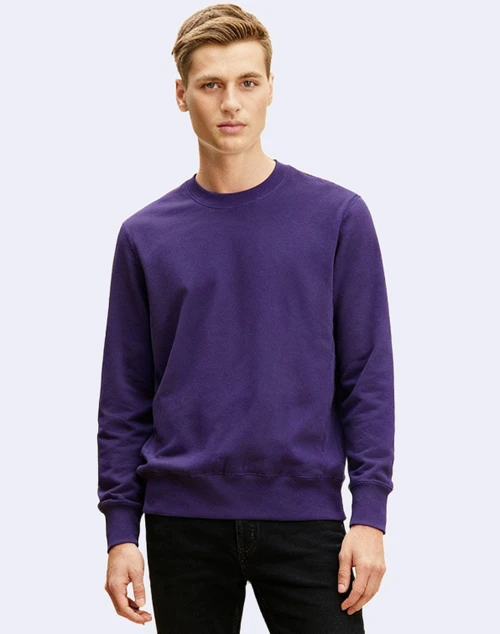 Just Sweatshirts Classic Crewneck 100% Cotton Purple with Ribbed side panels, rich purple men's sweatshirt.