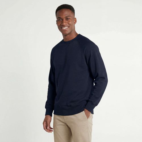 Just Sweatshirts Navy crewneck men's fine French terry sweatshirt, 100% cotton, dark blue in color, casual wear.