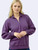 Just Sweatshirts Zip Neck Plum Sand 100% Cotton sweatshirt, purple in color, on a female model.