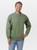 Just Sweatshirts Olive green 3 button polo sweatshirts, 100% cotton, on a male model wearing blue jeans.