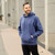 Just Sweatshirts Hooded Pullover Navy Sand 100% Cotton, blue hooded sweatshirt on a smiling man outdoors.