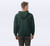 Just Sweatshirts Dark green hoody, full front zipper, 100% cotton, large pine sand colored hoodie on man.