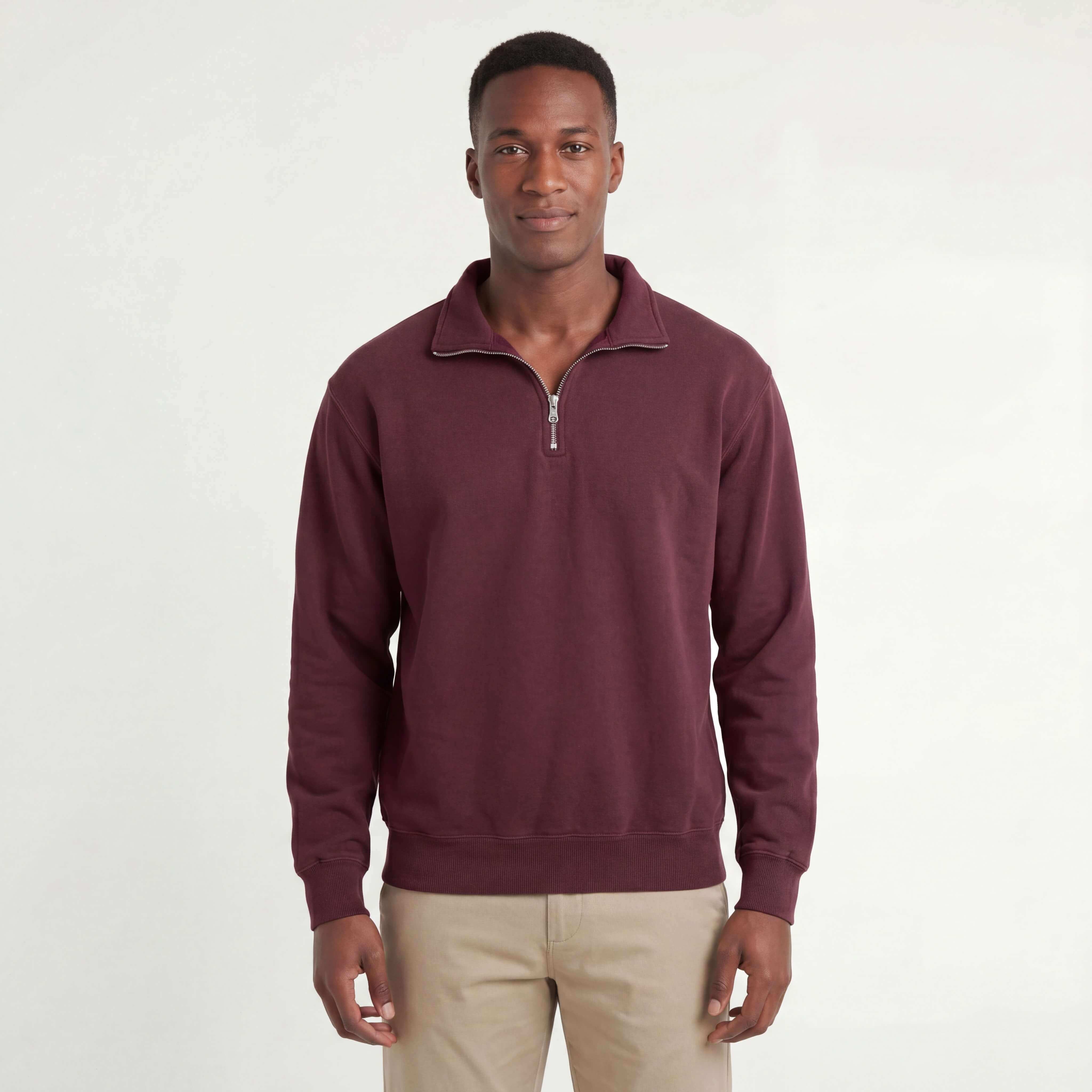 トップス everyone exclusive sweatshirt BURGUNDY JustSweatShirt 100% Cotton Half Zip Sweatshirt