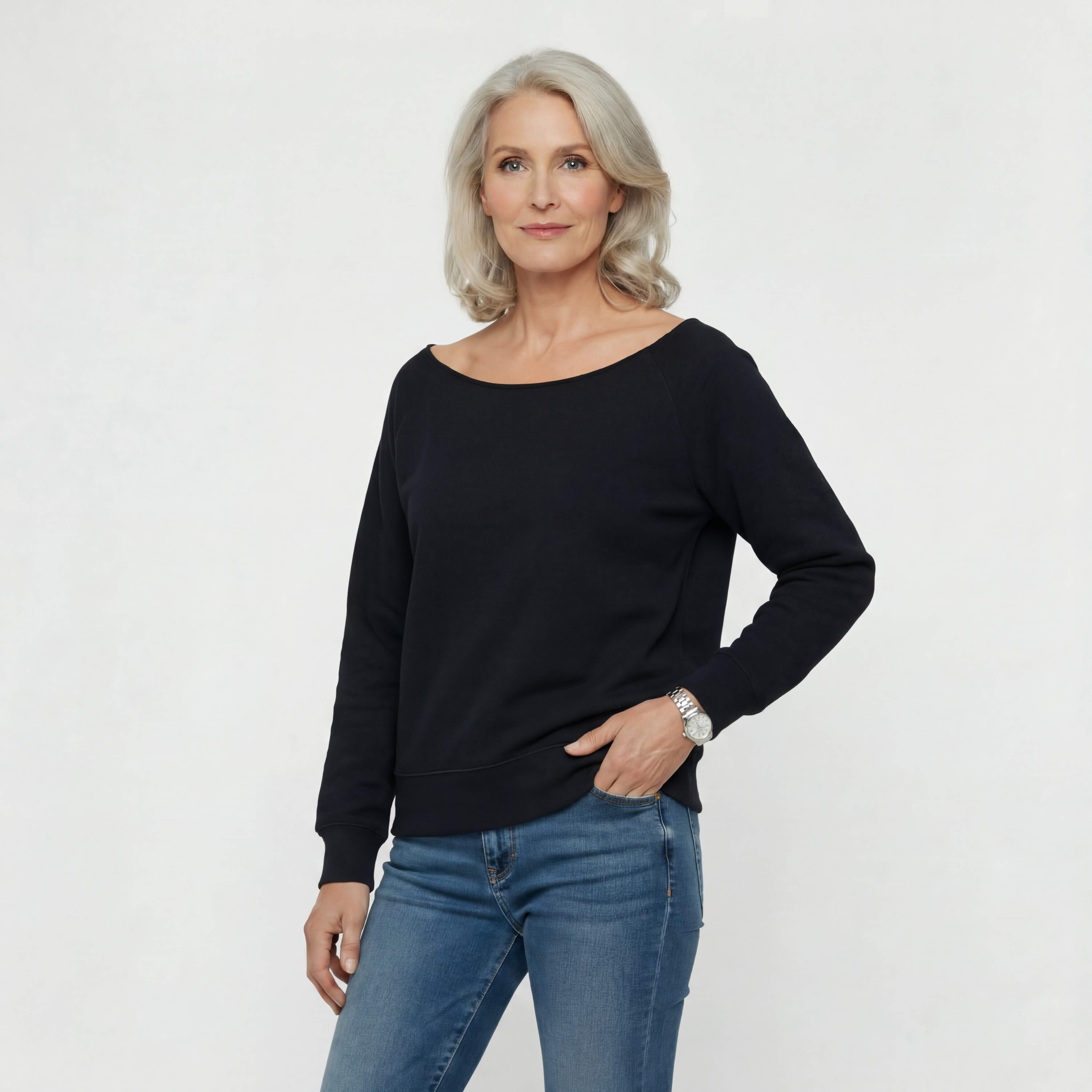 French Terry Scoop Neck Black Sweatshirt | Ladies Scoop Neck