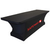 8' custom printed stretch table cover made from spandex polyester covering tabletop and legs.