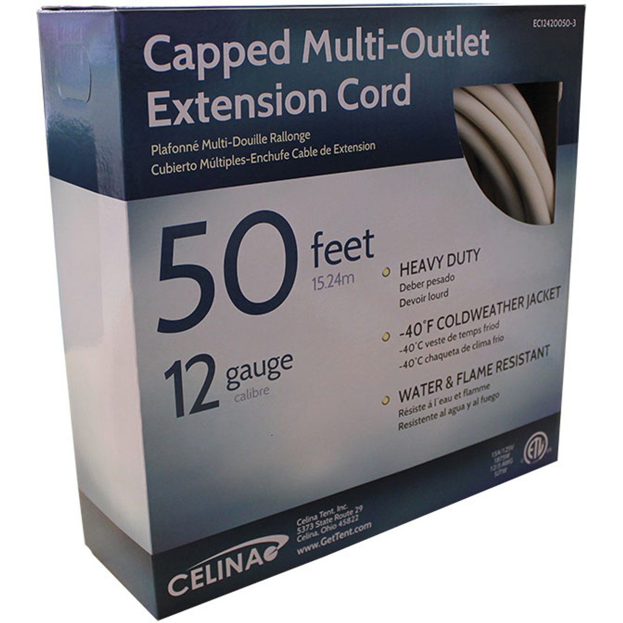 Capped multi-outlet extension cord packaging.