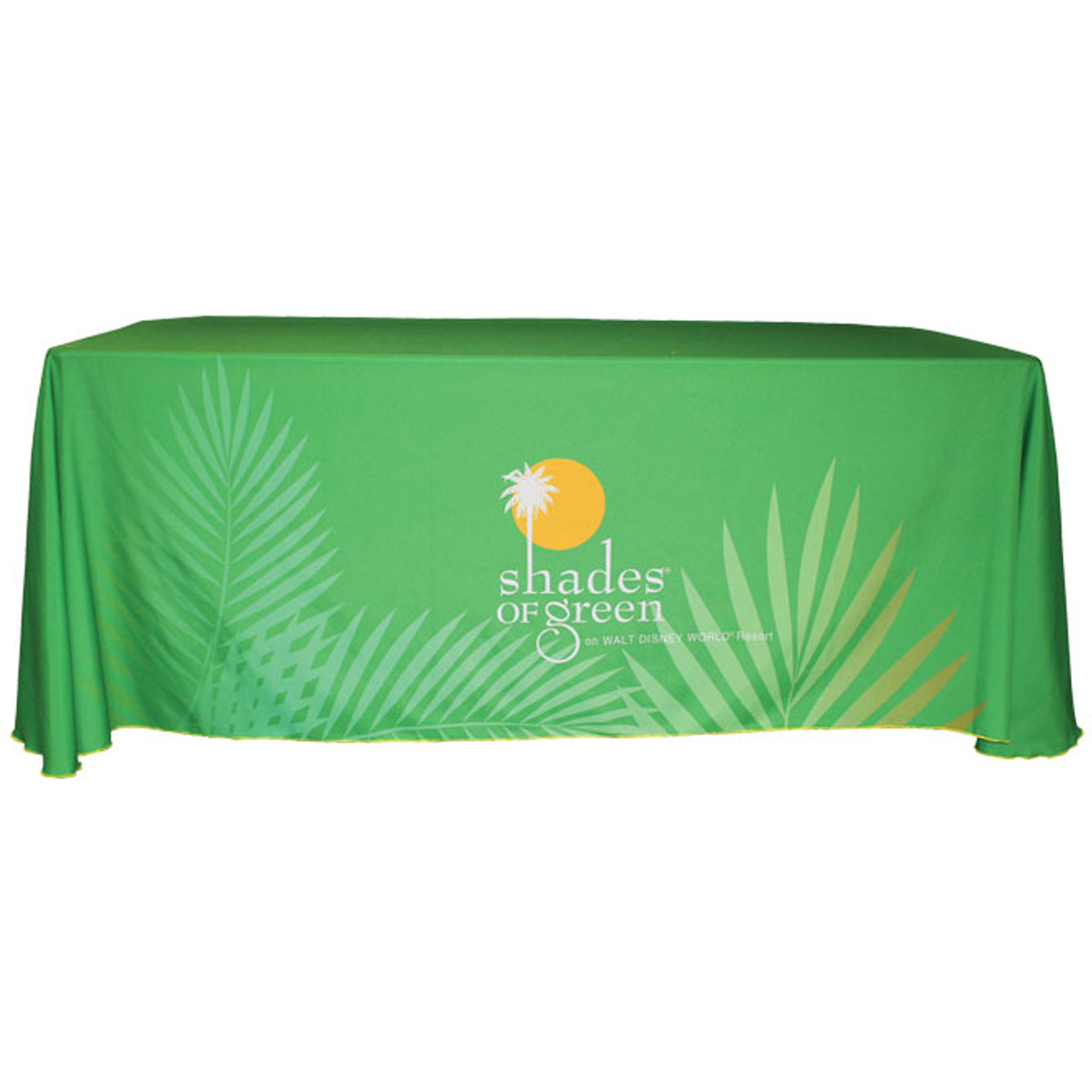 6' green custom printed draped table cover.