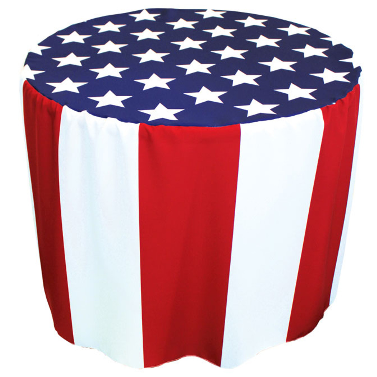 36" x 29" custom printed round table cover made from woven polyester covering table underneath.