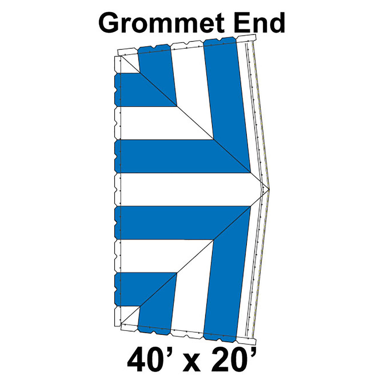 40' x 20' Classic Pole Tent Grommet End, 16 oz. Ratchet Top, White and Blue