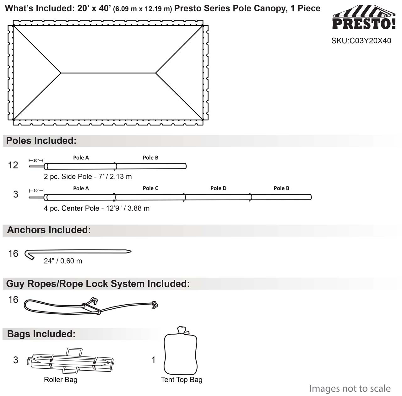 20' x 40' Presto Series Pole Canopy, 1 Piece Tent Top, Complete