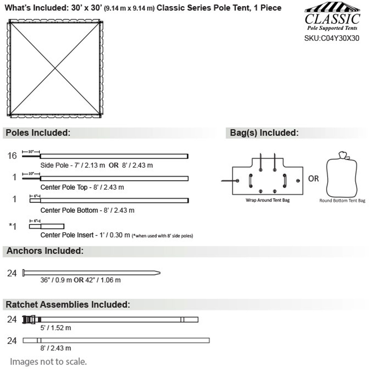 30' x 30' Classic Series Pole Tent, 1 Piece Tent Top, Complete