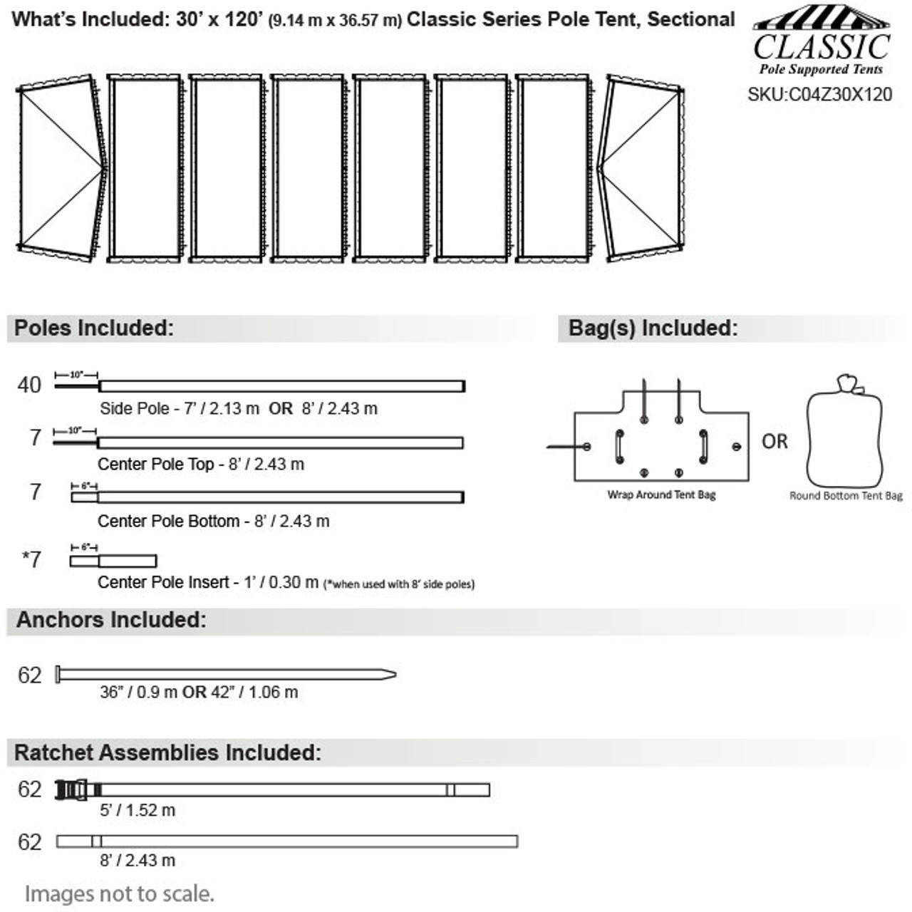 30' x 120' Classic Series Pole Tent, Sectional Tent Top, Complete