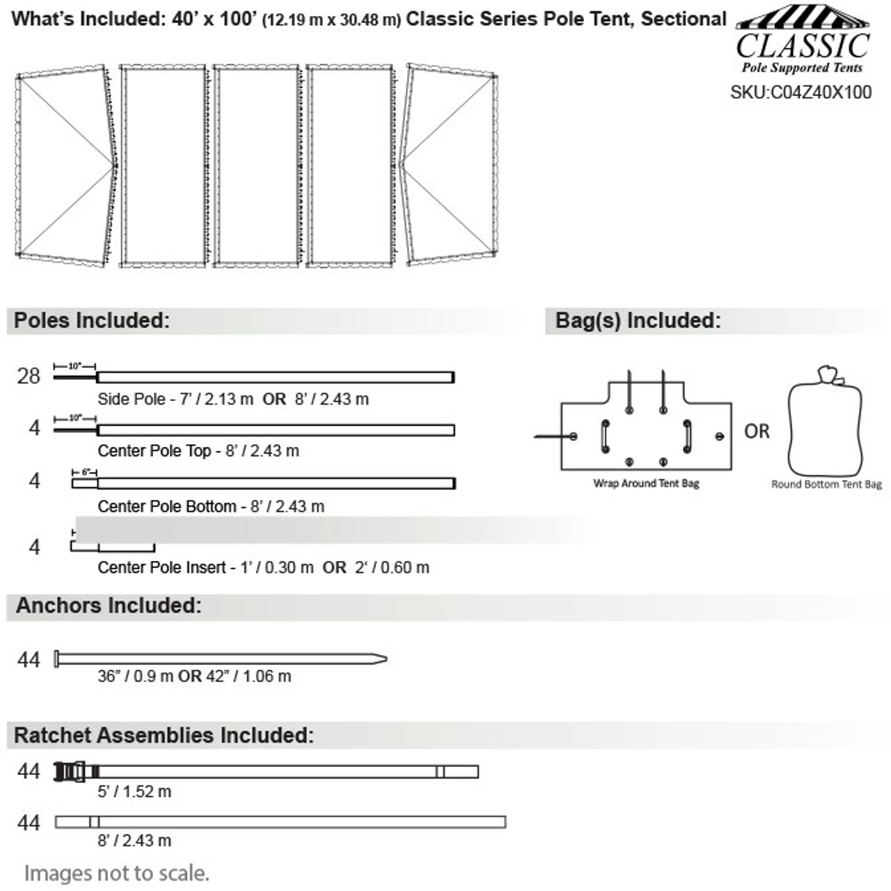 40' x 100' Classic Series Pole Tent, Sectional Tent Top, Complete