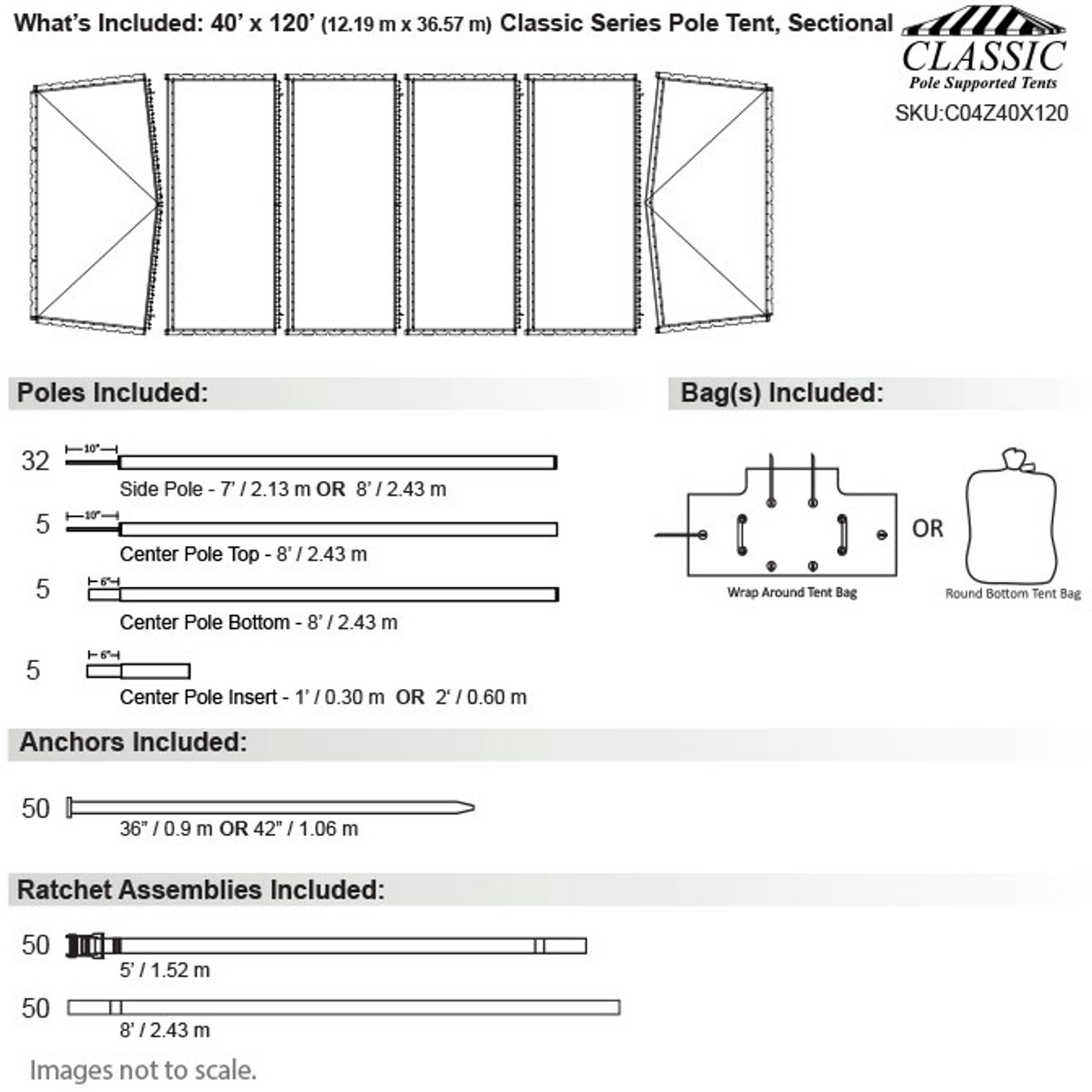 40' x 120' Classic Series Pole Tent, Sectional Tent Top, Complete