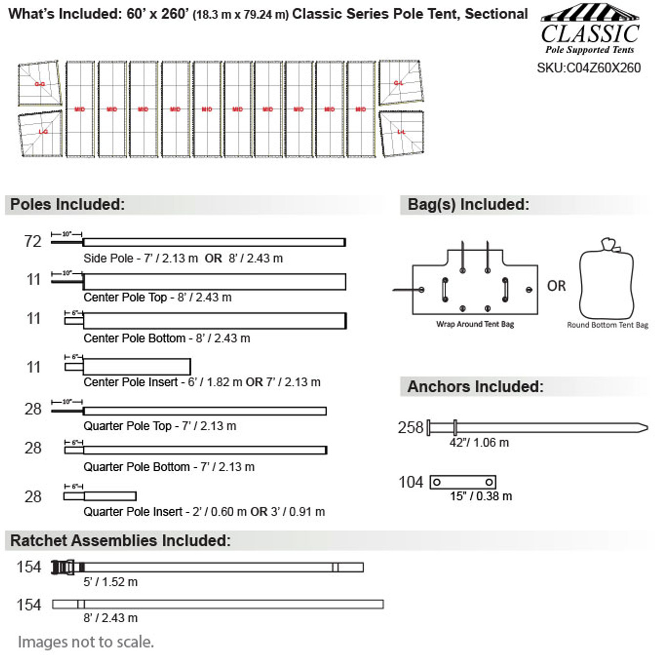 60' x 260' Classic Series Pole Tent, Sectional Tent Top, Complete