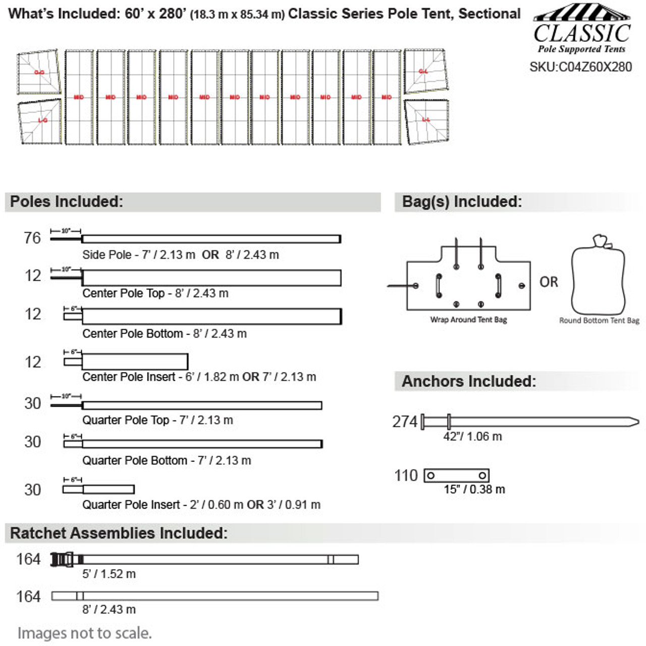 60' x 280' Classic Series Pole Tent, Sectional Tent Top, Complete