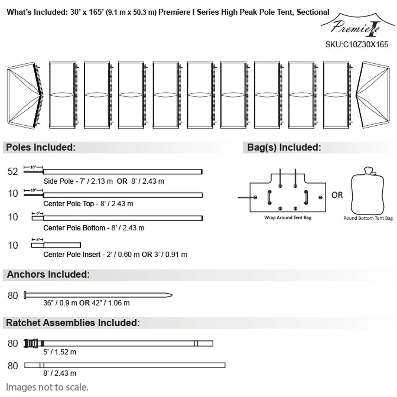 30' x 165' Premiere I Series High Peak Pole Tent, Sectional Tent Top, Complete