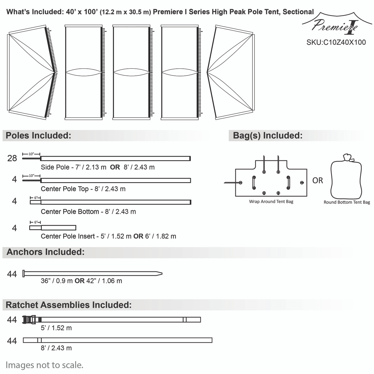 40' x 100' Premiere I Series High Peak Pole Tent, Sectional Tent Top, Complete