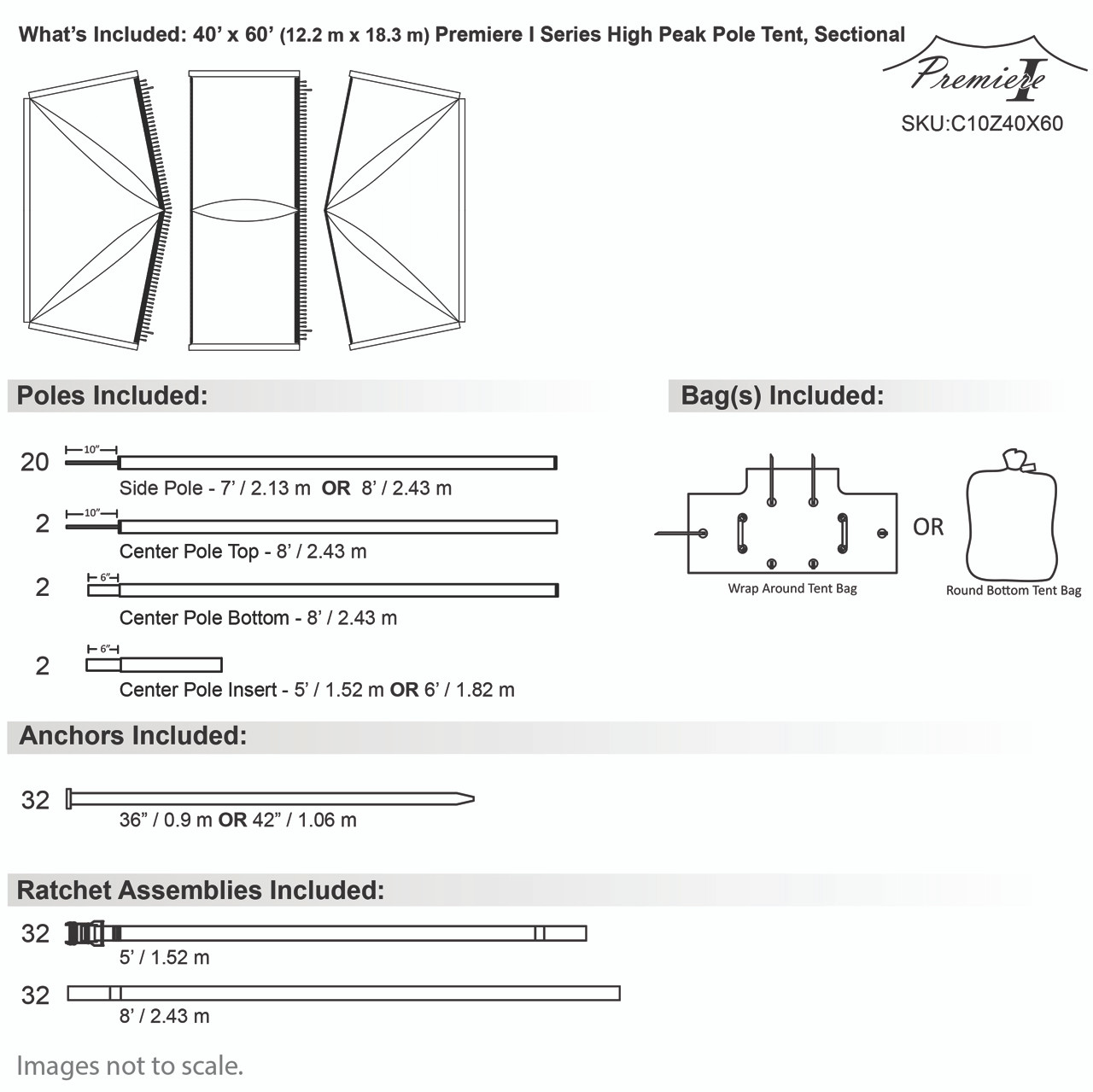 40' x 60' Premiere I Series High Peak Pole Tent, Sectional Tent Top, Complete